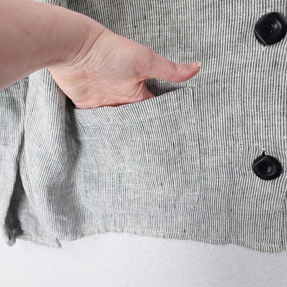 FLAX Jacket Womens Large Gray Jeanne Engelhart Linen Striped Button Front V Neck - Picture 4 of 11